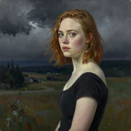 Elle Fanning at night, stormy weather, extremely detailed masterpiece, oil on canvas, Roger Deakin’s cinematography, by Norman Rockwell,