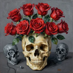 bokeh roses growing out of one single skull by jean-michel basquiat, david choe and alex gray painting, intricately highly detailed art piece