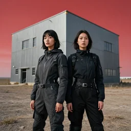 photographic portrait of 2 clones in front of a brutalist metal building, 2 techwear women, on a desolate plain, red sky, sigma 8 5 mm f / 1. 4, 4 k, depth of field, high resolution, 4 k, 8 k, hd, full color