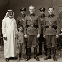a detailed photorealistic sepia - toned photo of a 1 9 1 7 clean - shaven british lieutenant and soldiers standing with a bedouin trader and a young arab boy, ultra realistic, painted, intricate details, lovecraft, atmospheric, dark, horror, brooding, highly detailed, by clyde caldwell
