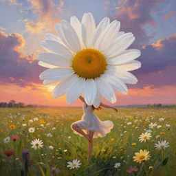 giant white daisy flower face head, girl dancing in a flower field, surreal photography, sunrise, dramatic light, impressionist painting, colorful clouds, digital painting, artstation, simon stalenhag