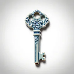 ceramic ornate key, professional product shot, isolated on a pure white background, centered, entire object in frame, sharp focus, soft studio lighting