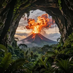 lush prehistoric jungle cave, exploding volcano, washed out colors, professional, master level composition, volumetric lighting, haze, sunset, photorealistic by wlop