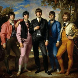 the beatles dressed up ln sargent peppers outfits, high level of detail in the style of giovanni battista tiepolo