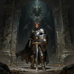 An epic and powerful knight with short cape, sturdy shield and shiny sword stands before a monumental and dark stone entrance to the tomb of a sleeping god, detailed and incredible art, trending on artstation by Craig Mullins and Frank Frazetta