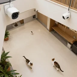 overhead view, surveillance, hotel with some cats moving around on the floor,
