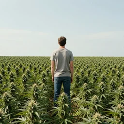 a man standing on the biggest marijuana field ever with his back to the camera, looking at the mountains, wide angle photo very realistic flare effect