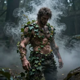 rugged man made of swirling smoke and tendrils of fog, ivy curls around him