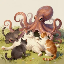 octopus and cats fighting for life, digital paintingl