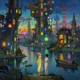 a beautiful painting of a dystopian steampunk landscape, a lake with boats, different colour led lights and neon, by alfons maria mucha and julie dillon and makoto shinkai