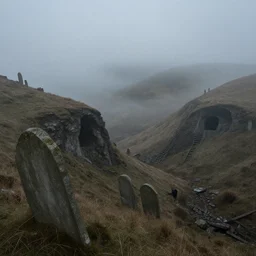 gloomy foggy hills with ruined barrows and caves and abandoned mine shafts, photorealistic movie still by michael komarck, greg rutkowski, victo ngai, artgerm, willem claesz heda and j. dickenson