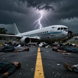 creepy low angle shot of a airplane crash on the street, crushed people, several victims, moody lightning, rule of thirds, golden ratio, 8 k, realistic shading, octane render