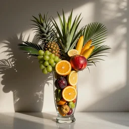 glass vase filled with tropical fruit, photography