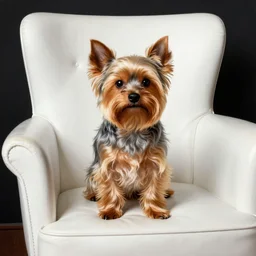 old brown and gray Yorkshire terrier dog sitting a white leather chair, long hair, extremely detailed masterpiece, illustration, by Michael Sowa,