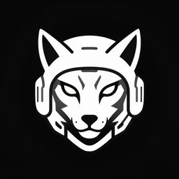 futuristic minimalistic stylised logo of a lynx head, symmetrical, white with black background wearing a titanfall pilot helmet , cyberpunk, smooth vector, mercenary company