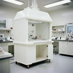 Film still of a brightly lit white science lab on a space ship, white plastic, neutral lighting, water dripping, puddles, wet floor, Cinestill colour cinematography, anamorphic