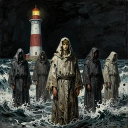 worshippers in tattered robes belonging to the cult of the lighthouse standing in waves, a lighthouse, high detailed beksinski painting, part by adrian ghenie and gerhard richter. art by takato yamamoto. masterpiece, deep dark colours