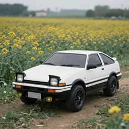 a white toyota ae86 parked in a flower field, wes anderson film
