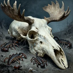 scorpions!! crawling through the cavities of a large moose skull, Zdzislaw Beksinski, Wayne Barlowe, gothic, cosmic horror, dystopian, biomorphic, lovecraftian grotesque, amazing details, cold hue's
