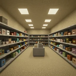 A still from Minecraft (2011) of a dark, abandoned department store where the walls, carpet and ceiling are colored beige. liminal space