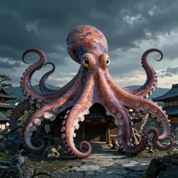 giant octopus taking over kyoto, cinematic view, volumetric light, in the style of yamato - e