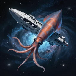 a giant space squid grabbing a space ship, with a nebula behind