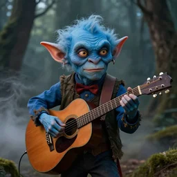 a cute sharply dressed goblin playing the blues on an old acoustic guitar, in the style of boris valejo and terry gilliam, fantastic, dramatic lighting, smoke, mist, forest, hyperrealistic, photorealistic, accurate, detailed, octane render