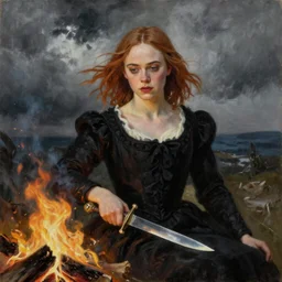 Elle Fanning in a black robe holding a dagger over a fire, head and shoulders portrait, stormy weather, extremely detailed masterpiece, Roger Deakin’s cinematography, oil on canvas, Norman Rockwell,