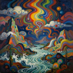 An insane, modernist landscape painting. Wild energy patterns rippling in all directions. Curves, organic, zig-zags. Mountains, clouds. Rushing water. Waves. Psychedelic dream world. Odilon Redon. Alex Katz.