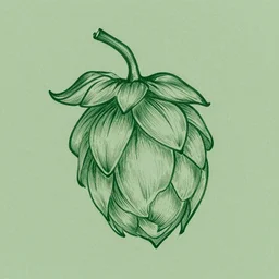 a line drawing of a hop seed. dark green lines and muted green paper. graphic design. hq. detailed. muted colors.