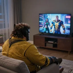 fat wolverine watching xmen on TV on the couch