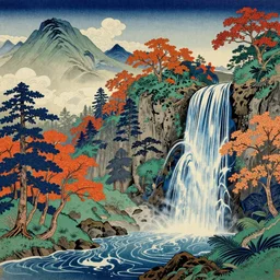 Breath-taking beautiful trees, mountains, and waterfall, An aesthetically pleasing, dynamic, energetic, lively, complex, intricate, detailed, well-designed digital art of trees, mountains, clouds, ripples, waves, waterfall, light and shadow, overlaid with aizome patterns, Shin-hanga by Thomas Kinkade and Bob Ross, traditional Japanese colors, superior quality, masterpiece, featured, trending, award winning, HDR, HD, UHD, 4K, 8K, anamorphic widescreen