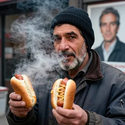 closeup portrait of a snake oil salesman selling hotdogs in a smoky new york back street, by Annie Leibovitz and Steve McCurry, natural light, detailed face, CANON Eos C300, ƒ1.8, 35mm, 8K, medium-format print