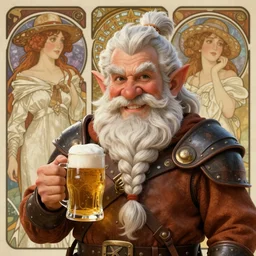 a portrait of a dwarf with white braided beard, white ponytail hair, leather armor, holding a beer, smiling, very detailed, amazing quality, stunning, by rebecca guay and alphonse mucha and ilya kuvshinov, artstation, pixiv, digital art,