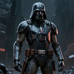 A portrait of an android, battle worn, night, rain, techwear, Sith, Star Wars art, art by greg rutkowski, matte painting, trending on artstation