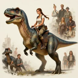 Lara Croft riding a large dinosaur creature, intricate, elegant, highly detailed, centered, digital painting, artstation, concept art, smooth, sharp focus, illustration, Boris Villejo, Julie Bell, Rowena Morrill, Patrick Jones, Keith Parkinson, Brom, Donato, Stephen Hickman, Don Maitz, Greg Hildebrandt