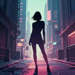 a beautiful and immaculate futuristic city. the silhouette of a beautiful young woman standing in an alleyway. vaporwave ombre rendering. outrun style. trending on artstation. recommended for you behance. by chris moore. by edward hopper. beeple colors. metropolis filmic. gotham city.