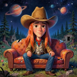 psychedelic trippy broken cowboy chicago ruins pine forest, planets, milky way, sofa, cartoon by rob gonsalves