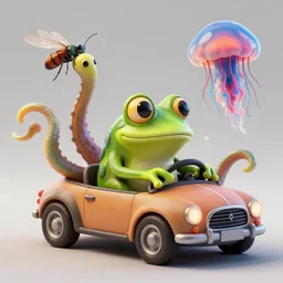 frog driving a car, tentacles, unnatural shapes, jellyfish, insect, octane render, 3 d digital art by beeple, unreal engine 5, award winning