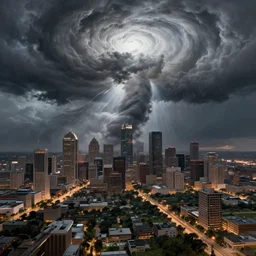 an ultradetailed landscape painting of hurricane harvy over houston, looming ominous over a city, hurricane, lighting, tornados, intricate detail, cinematic, 8 k, cel shaded, volumetric lighting, octane render, art by greg rutkowski, jeong seon, in the style of magic the gathering and anime