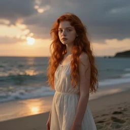 a red haired young girl beach surreal, sunrise, dramatic light, vittorio matteo corcos