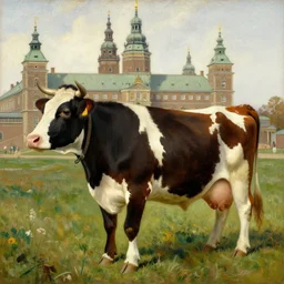 painting by carl larsson, cow, dressed, anthropomorphic!!, wearing!!! clothes!!!, standing next to royal castle!!!