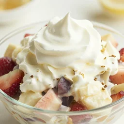 1970's cookbook color photograph of ambrosia salad whipped cream sharp detail high detail