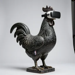 a portrait of monumental rooster antique statue in shape of creative man, vr helmet on head, black rock statue material, nba logo, studio light, hasselblad photo, 8 k resolution