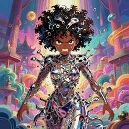 ultra detailed illustration of a angry afro american girl covered in a sea of liquid chrome, metal material, lost in a dreamy oriental realm by Karol Bak, Ruan Jia, Moebius, hiroshi yoshida, Druillet, colorful, front view, vivid colors, 8k, coherent, anime vibes, uplifting, magical composition, artstation, synthwave, 8k, coherent, artgerm, uplifting, magical composition, artstation