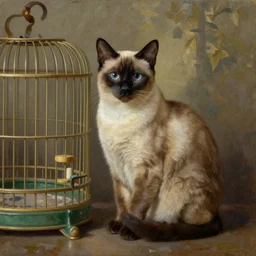 a lovely siamese cat, sitting next to a bird cage, realism, oil painting, art noveau