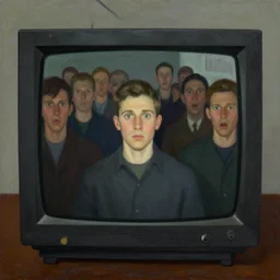 edward hopper painting of a crt television broadcasting propaganda out of the screen, lots of people with no eyes. one normal person with eyes, a young man, frightened about what is going on around him s 1 5 0