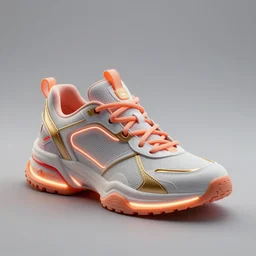 realistic 8 k sculpture of 1 futuristic sneaker with neon illuminated rubber soles and soft orange shoelaces on a textured grey surface, clean 3 d render, beautiful studio lighting, soft, sharp focus, cyberpunk, intricate detail, gold and red accents, soft rubber, octane render, trending on artstation, deviantart, art by syd mead
