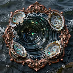 art nouveau cresting oil slick waves, hyperdetailed bubbles in a shiny iridescent oil slick wave, black opal, abalone, paua shell, ornate copper patina medieval ornament, rococo, organic rippling spirals