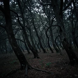 a dark, foreboding forest ; the trees are bent and twisted, and the air is thick with an unnameable dread